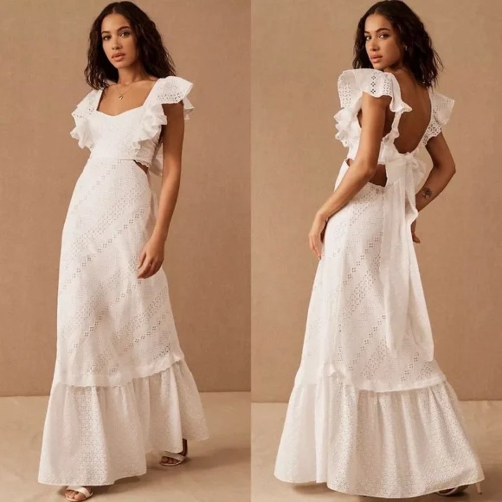NWT Especia Anthropologie white eyelet lace Isabella tie back ruffle maxi dress